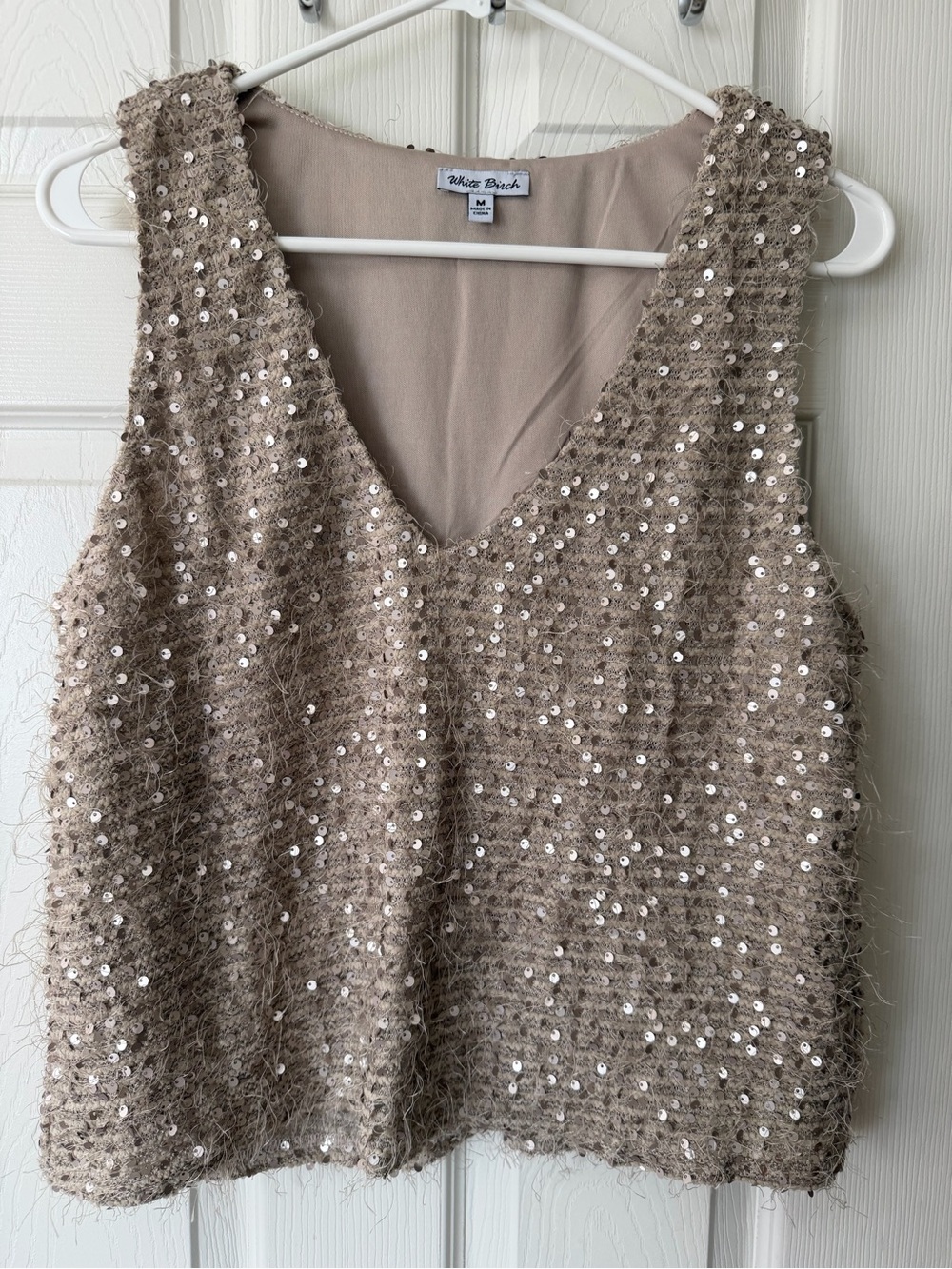 white birch Taupe Sequin V-Neck Tank Top